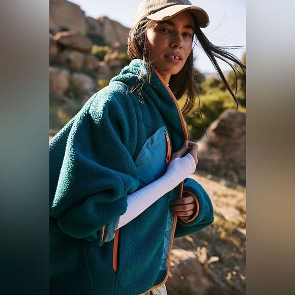 NWOT FP Movement Teal Fleece Jacket with Orange Trim - Picture 2 of 5